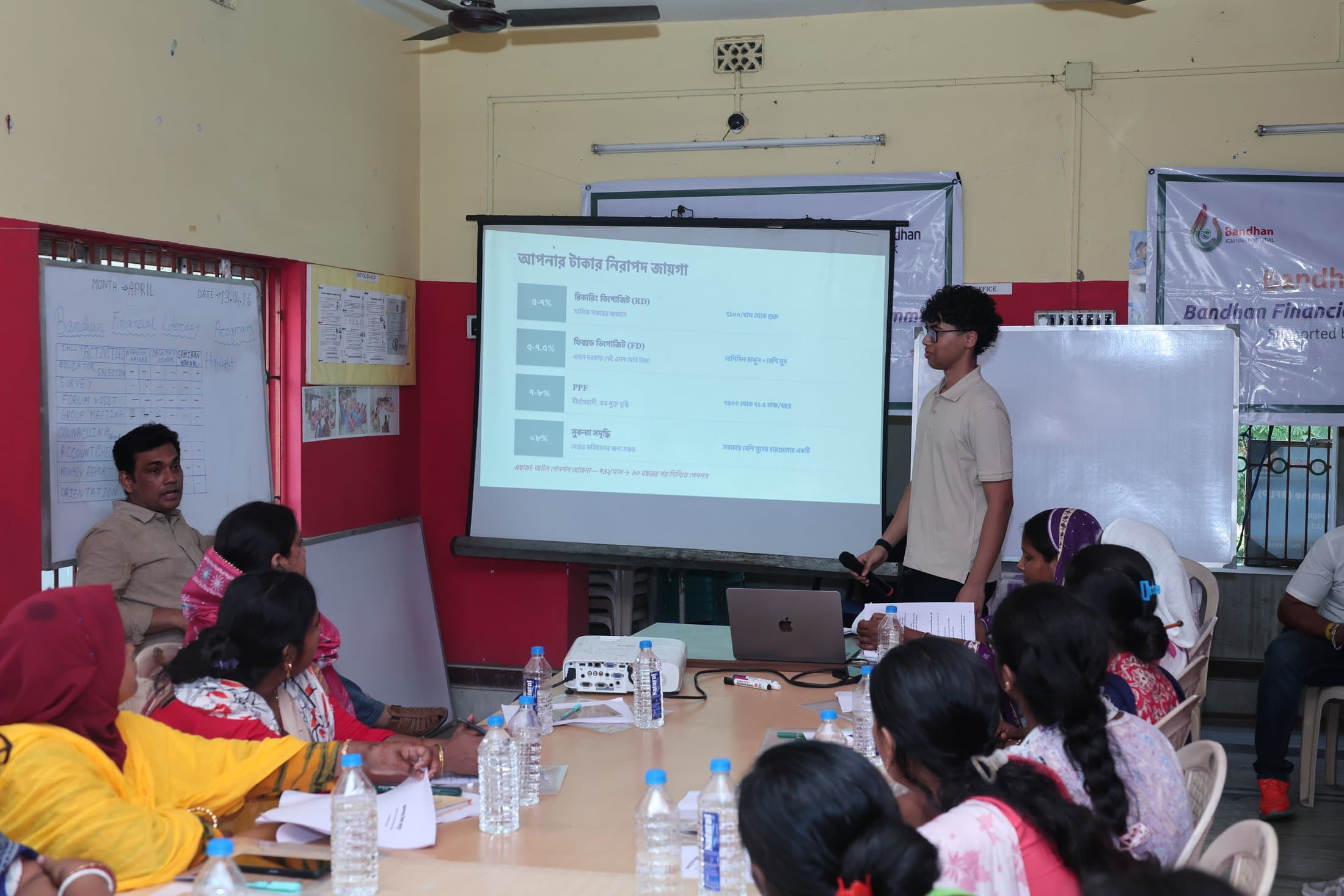 A wide view of a workshop in session, the cohort seated around the tables